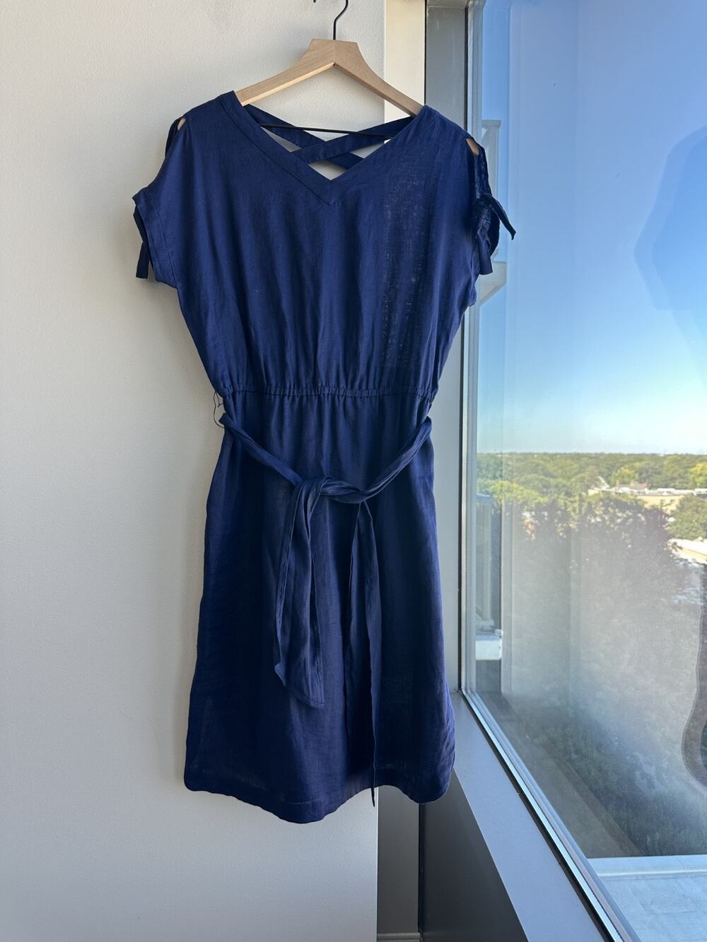 Anne Klein 100% Linen Blue Short Sleeve V-neck Dress Sz 8
